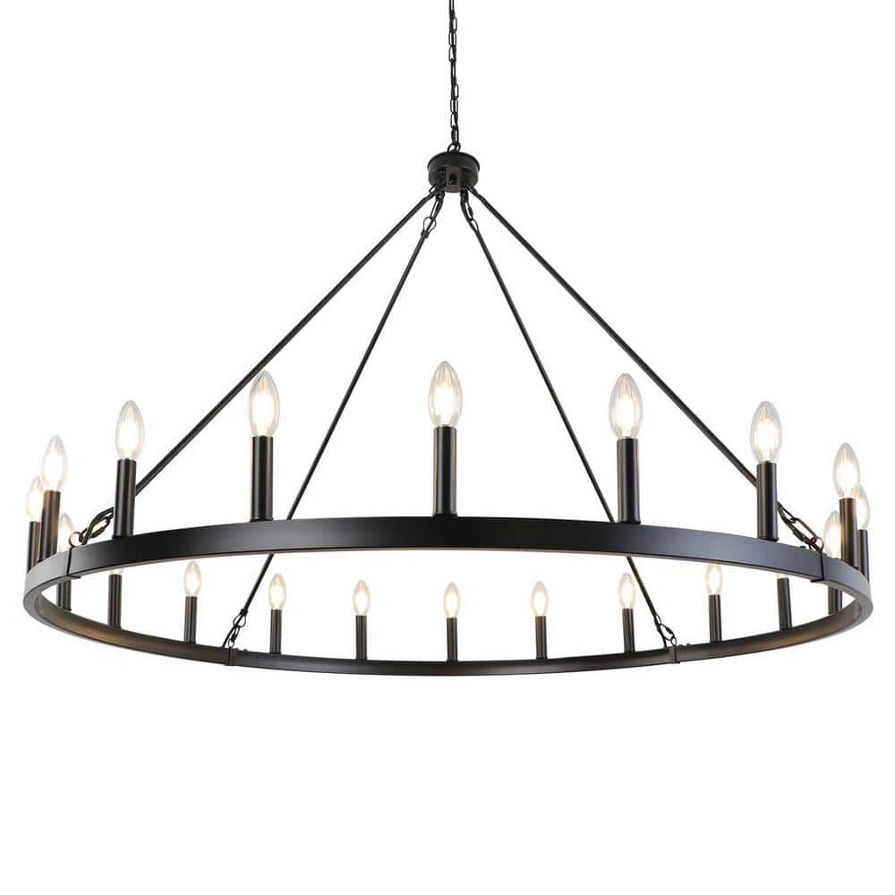 47 in. 20-Lights Large Candle Black Wagon Wheel Chandelier for Living Room 