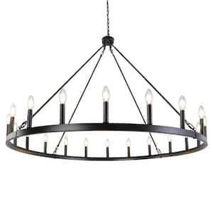 47 in. 20-Lights Large Candle Black Wagon Wheel Chandelier for Living Room Dining Room Entryway with no bulbs included