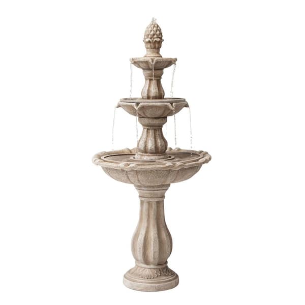 3-Tier Water Fountain w/Pump and Pineapple Top, 51 in. Tall, Beige, Large Outdoor Freestanding Waterfall Decor for Porch