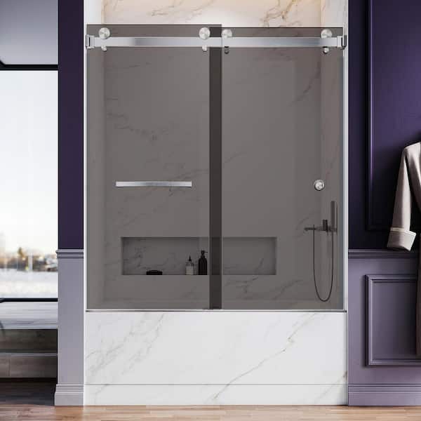 UKD01 56 to 60 in. W x 80 in. H Double Sliding Frameless Shower Door in Brushed Nickel, EnduroShield 3/8 in. Gray Glass