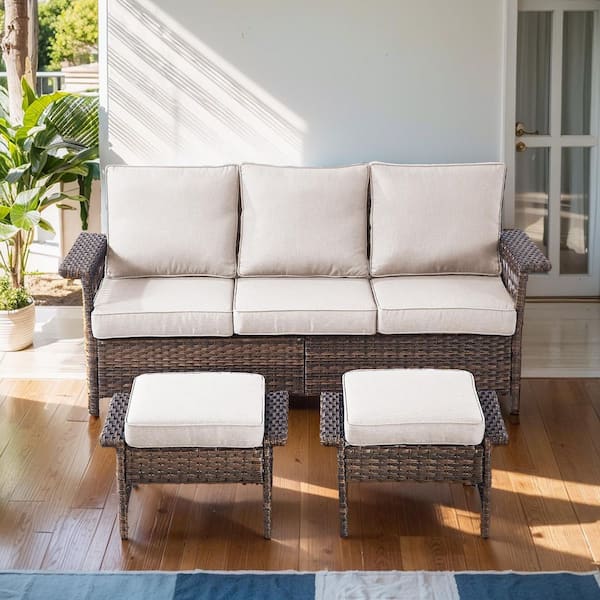 Pocassy Seagull Collection 3-Piece Wicker Outdoor Patio Seating Conversation Set Sectional Sofa and Ottoman (Beige)