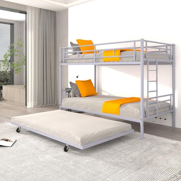 GODEER Silver Twin over Twin Metal Bunk Bed with Trundle,Comfortable ...