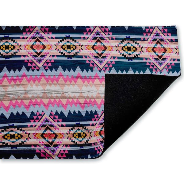 Boho Geometric Pink & Blue Blue 18 in. x 30 in. Polyester Non-Slip Outdoor Door Mat