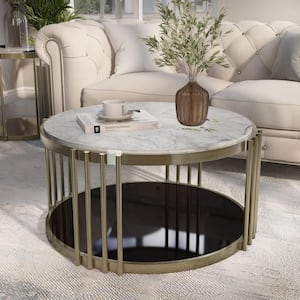 Hexalla 37 .63 in. Black and Glossy White Round Faux Marble Coffee Table
