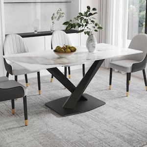 63 in. Pandora Pattern Rectangle Sintered Stone Top Pedestal Black Carbon Steel Base Dining Table (Seats 6)