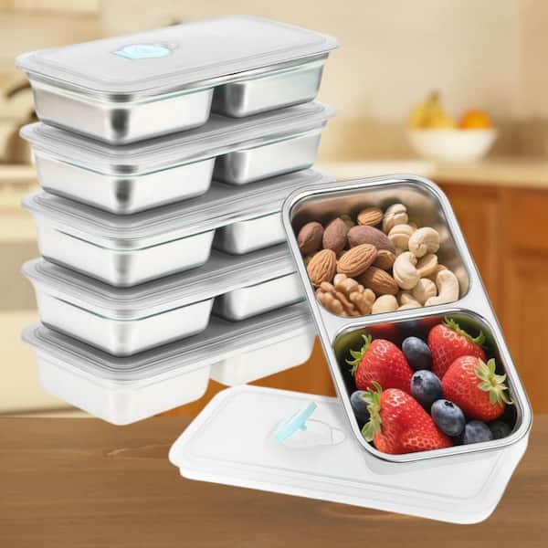 6-Pack Stainless Steel Snack Containers with Lids, Dual Compartment Bento Box for Travel, Camping and Lunch Prep, White