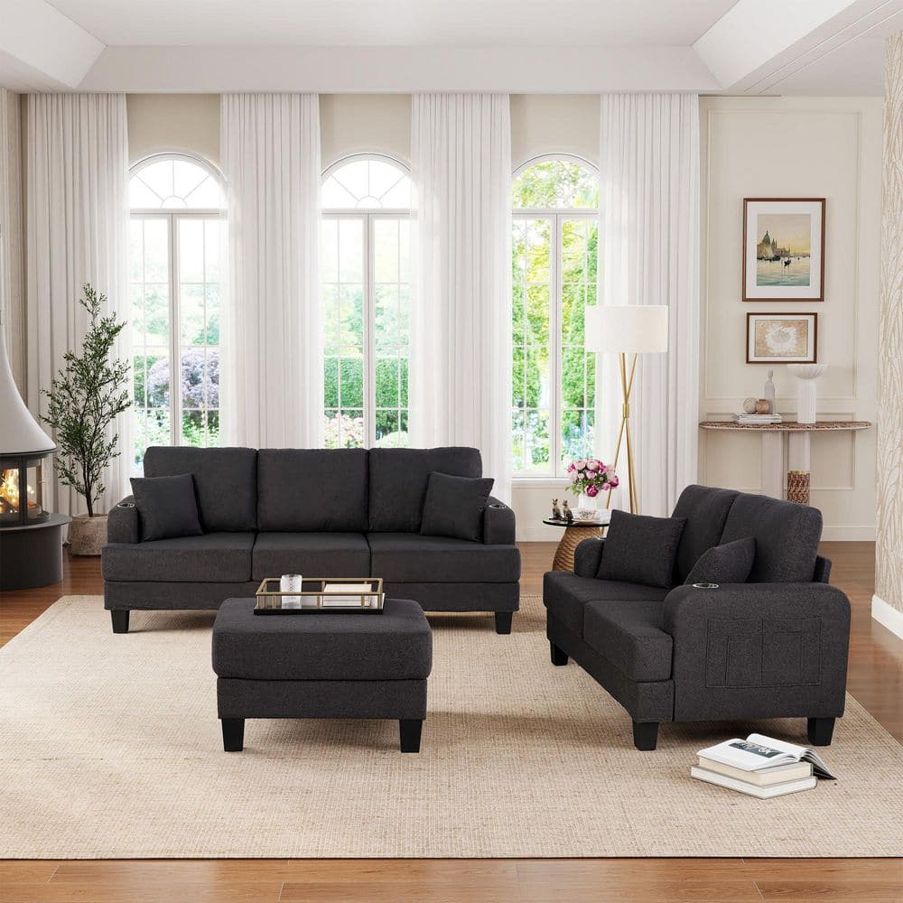 84.64 in. Wide Straight Arm Fabric Rectangle 3-Seat Loveseat Sofa Sectional w/ Ottoman, USB and Cup Holder in Dark Gray