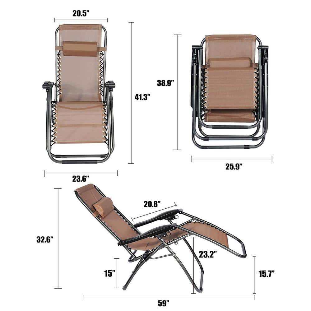 Brown and Black Stainless Steel Zero Gravity Outdoor Chaise Lounge with Cushions