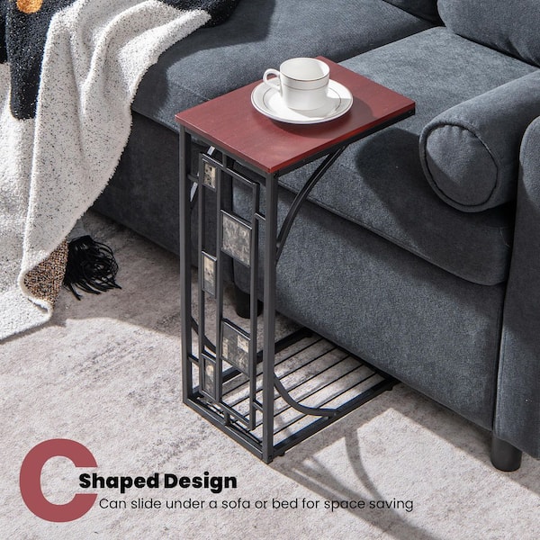 C-Shape Metal End Table Snack Table for Sofa Couch Slide Under Livingroom  Walnut