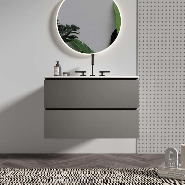 30 in. W Single Sink Floating Gray Bath Vanity with White Ceramic Top