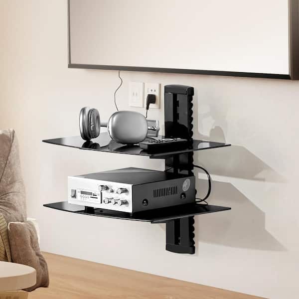 VEVOR Glass Floating Shelves, Holds up to 18 lbs. TV Wall Mount with Shelf, Strengthened Floating Entertainment 2-Tiers Black