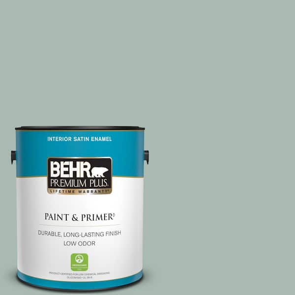 BEHR PREMIUM PLUS 1 gal. #BXC-85 Quiet Teal Satin Enamel Low Odor Interior Paint & Primer