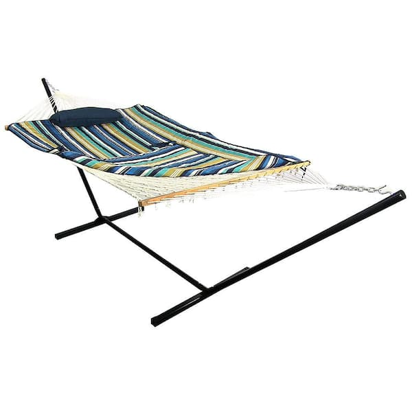 Sunnydaze Decor 12 ft. Rope Hammock Bed Combo with Stand, Pad and Pillow in Lakeview