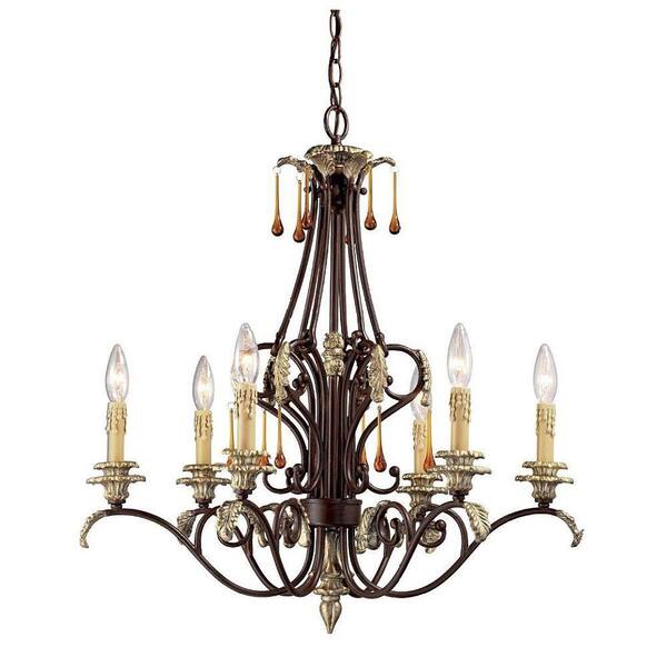 Hampton Bay Fez Collection 6-Light Hanging Bark and Antique Gold Chandelier-DISCONTINUED
