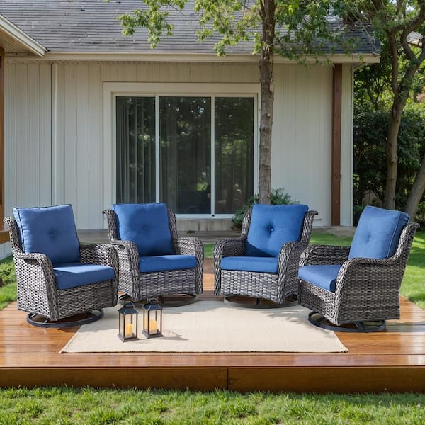moosprr 4-Piece Gray Wicker Outdoor Swivel Glider Chair with Blue Cushions and Curved Armrest/Rocking Chairs for Patio/Porch
