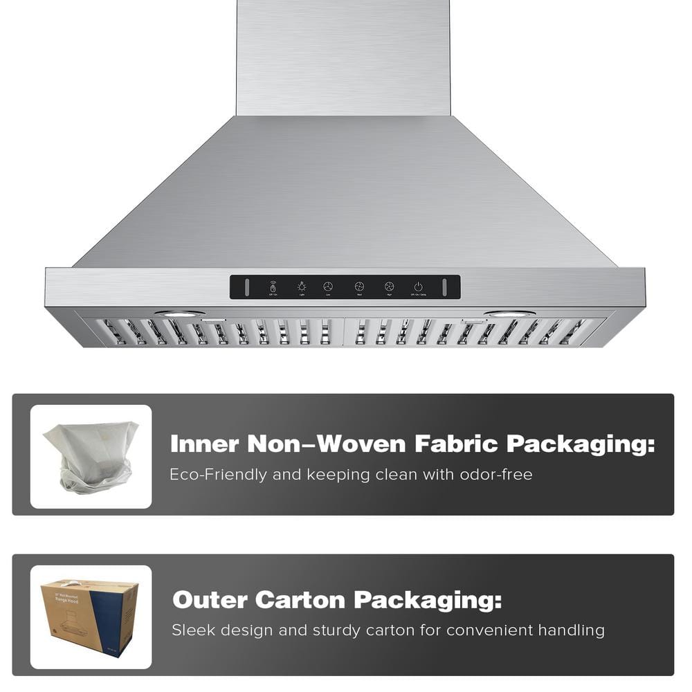 36'' Stainless Steel Convertible Wall Mount Range Hood with Charcoal Filter