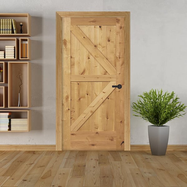 30 in. x 80 in. K Frame Unfinished Barn Door Style Knotty Alder Single Prehung Interior Door