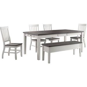 Willow Way 6-Piece White/Weathered Gray Dining Set with Rectangle Table, 4-Wood Side Chairs and Wood Storage Bench