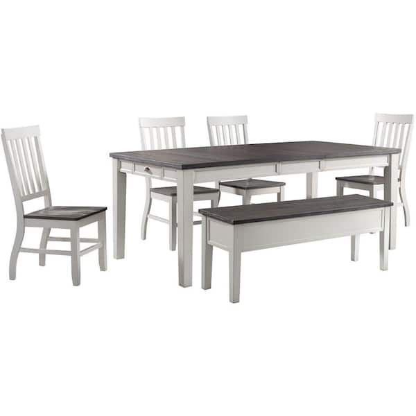 Hanover Willow Way 6-Piece White/Weathered Gray Dining Set with Rectangle Table, 4-Wood Side Chairs and Wood Storage Bench