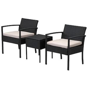 Black 3-Piece Wicker Patio Conversation Set, Outdoor Rattan Chairs and Table Set with Gray Cushions For Balcony, Garden