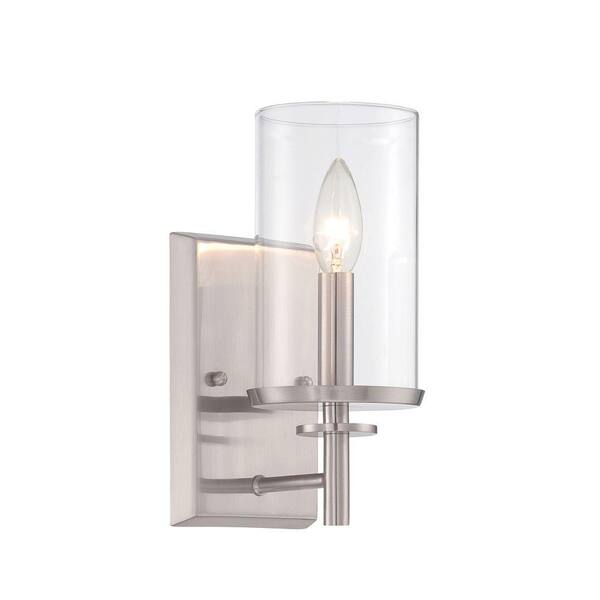 Designers Fountain 4.5 in. Harlowe 1-Light Satin Platinum Bathroom Coastal Wall Sconce with Clear Glass Shade