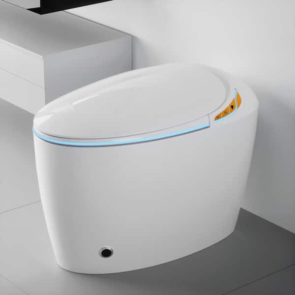 12 in. Elongated Oval LED Display 1-Piece Single Flush Toilet 1.28GPF in White with Auto Open/Close, Foot Sensor