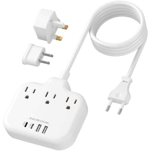 European Travel Plug Adapter with 3 Outlets and 4 USB, Travel Power Strip with 5 ft. European Power Cord for EU/UK/US