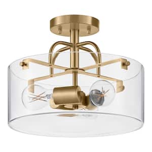 Shirwell 13.5 in. 3-Light Brushed Gold Round Semi-Flush Mount, Modern Ceiling Light with Clear Glass Drum Shade