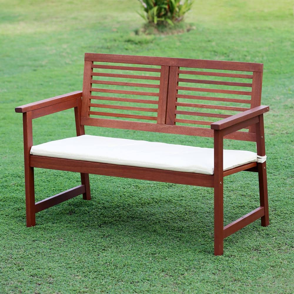Tioman Teak Oil Hardwood Outdoor Bench with Beige Cushion