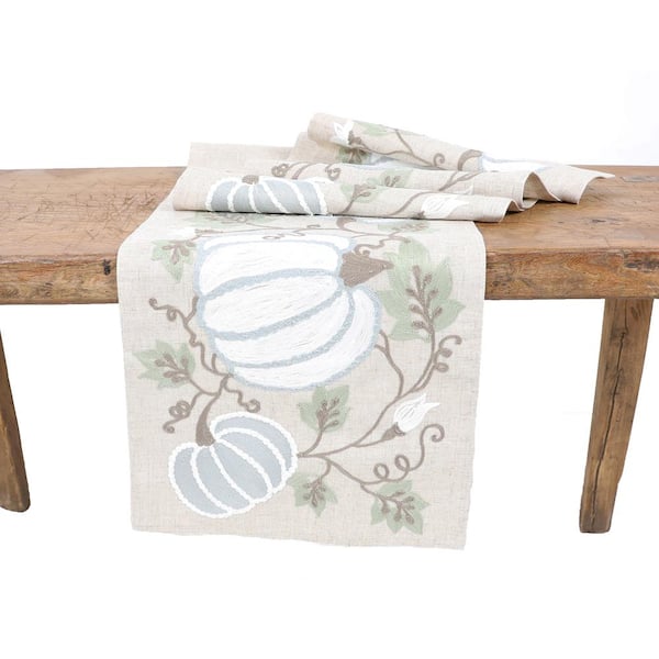 Manor Luxe 15 in. x 70 in. Harvest Pumpkins And Vines Crewel Embroidered Fall Table Runner, Natural