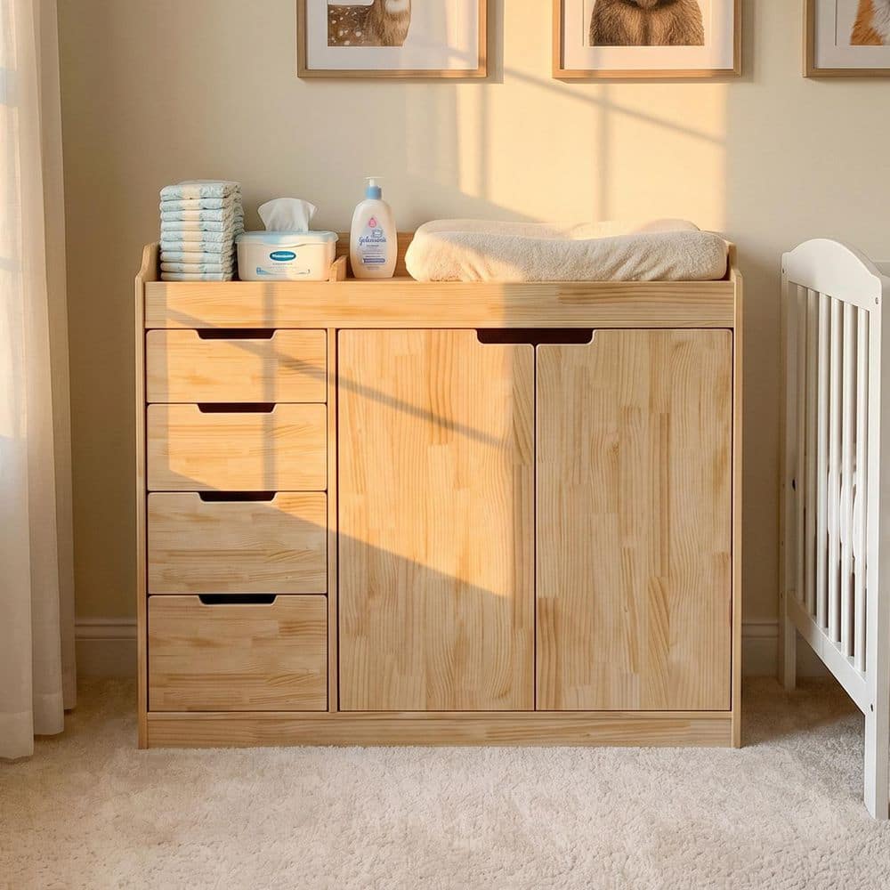 Natural 4-Drawer 47.2 in. Wide Bedroom Dresser with 2-Door Cabinet, Divided Top Storage, Solid Pine Wood For Diaper