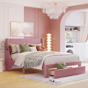 Pink Wood Frame Queen Size Velvet Upholstered Platform Bed with a Big Drawer