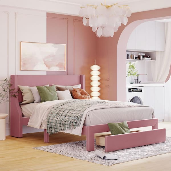 Harper & Bright Designs Pink Wood Frame Queen Size Velvet Upholstered Platform Bed with a Big Drawer