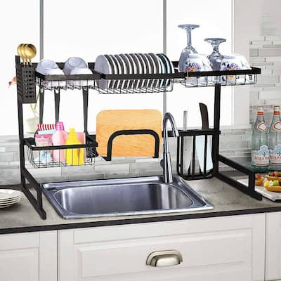  BOOSINY Over The Sink Dish Drying Rack, 2 Tier Stainless Steel  Large Adjustable Kitchen Dish Drainer, Home Storage Organizer Shelf Above  Counter with 6 Hooks