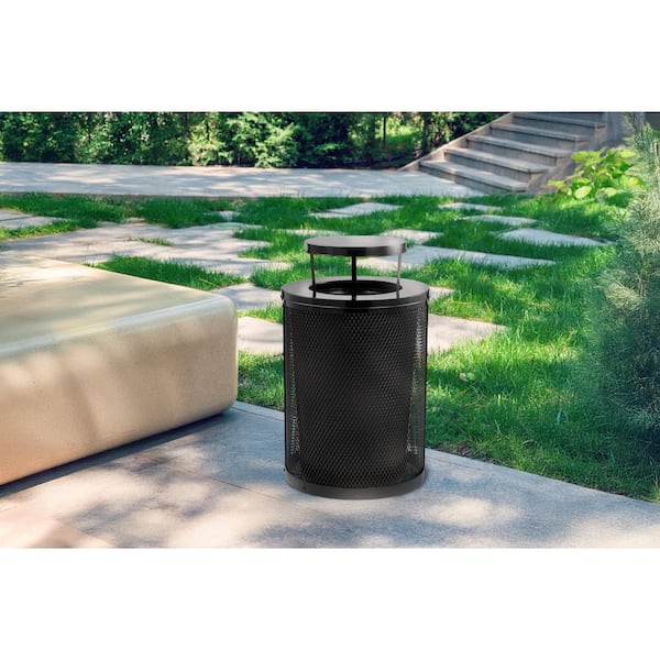 36 Gal. Black Steel Diamond Outdoor Commercial Trash Can with Rain Bonnet Lid and Removable Liner