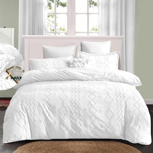 Shatex Tufted White King Comforter Bedding Set- 3 Piece All Season Ultra Soft Polyester - Boho Stripes, White