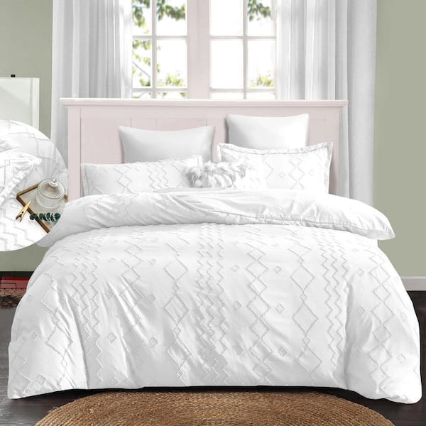 Shatex Shatex Tufted White King Comforter Bedding Set- 3 Piece All Season Ultra Soft Polyester - Boho Stripes, White