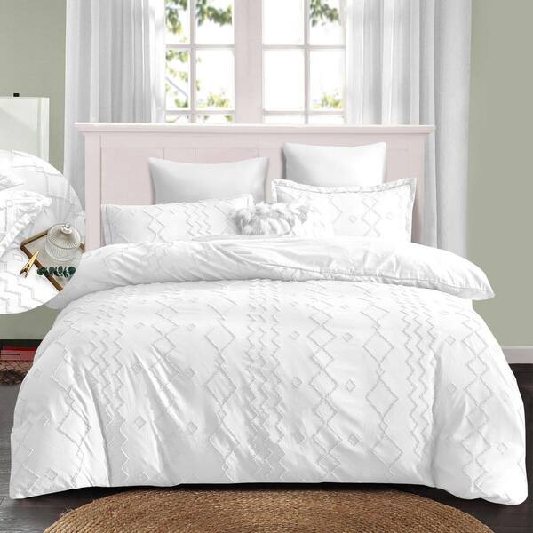 Unbranded Shatex Tufted White Queen Comforter Bedding Set- 3 Piece All Season Ultra Soft Polyester - Boho Stripes, White