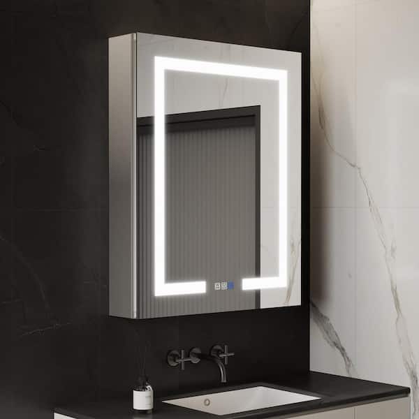 GroGro Glare 24 in. W x 30 in. H Rectangular Aluminum Recessed/Surface Mount Right Open Medicine Cabinet with Mirror LED