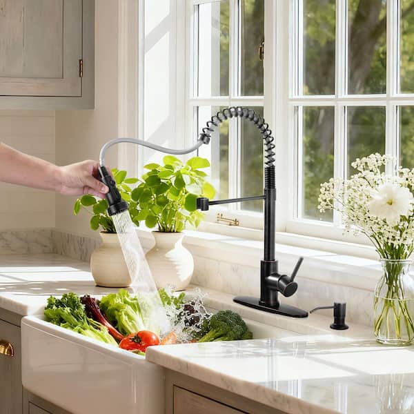 Oil Rubbed Bronze 19 in. Single-Handle Spring Neck Pull Down Sprayer Kitchen Faucet with 360° Swivel and Soap Despenser