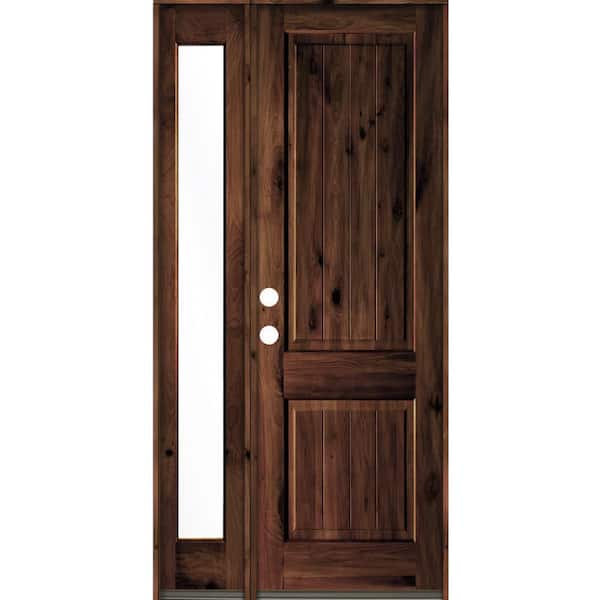 Krosswood Doors 44 in. x 96 in. Rustic Knotty Alder Right-Hand/Inswing Clear Glass Red Mahogany Stain Wood Prehung Front Door w/Sidelite