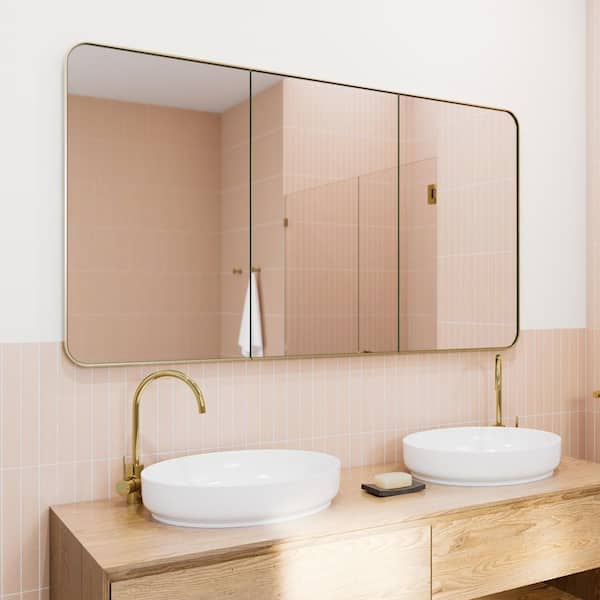 Calla 60 in. W x 32 in. H x 5 in. D Satin Brass Recessed Medicine Cabinet with Mirror