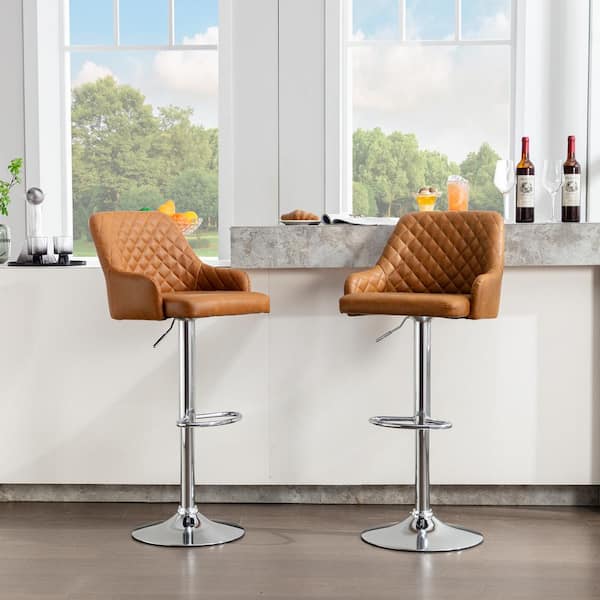 VECELO Bar Stools Set 22 in. Brown High Back Metal Bar Stools Counter Stool with PU Seat Set of 2