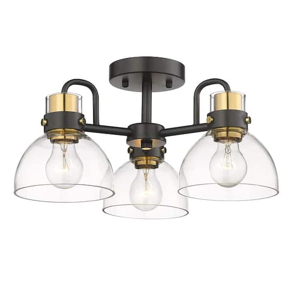 JAZAVA Modern 16.8 in. 3-Light Black and Gold Semi-Flush Mount Ceiling Light Chandelier for Kitchen Bedroom Living Room