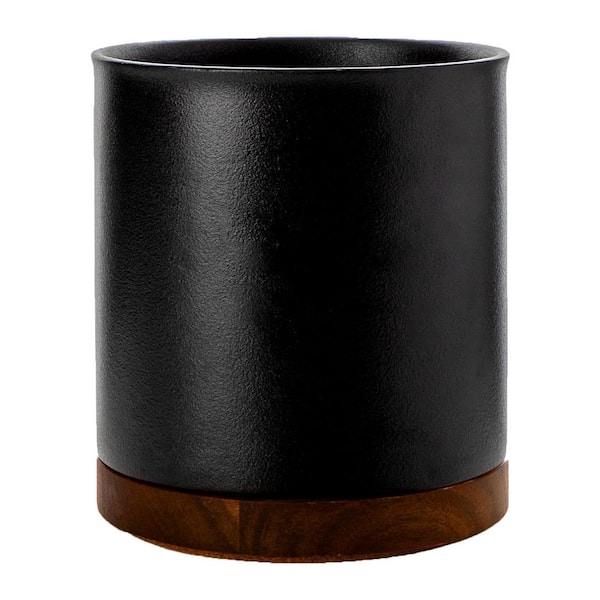 Stone Black Ceramic 360° Rotating Utensil Holder with Cork Mat for Kitchen Countertop