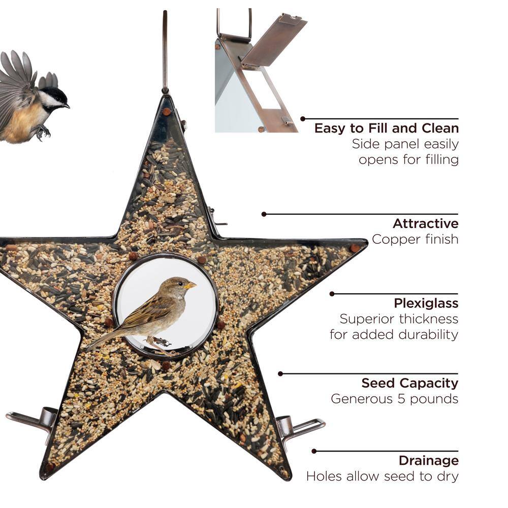 Copper Star-Shaped Hanging Bird Feeder with Plexiglass Panels