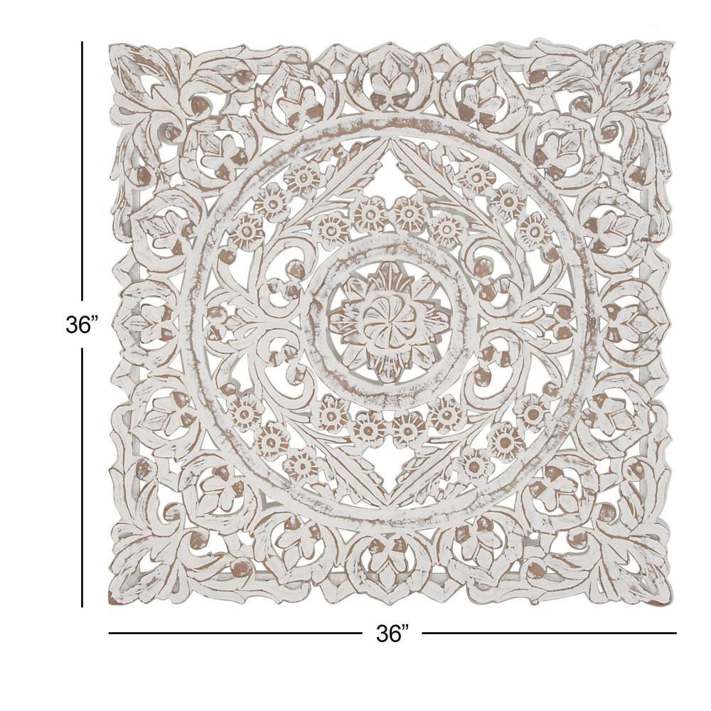 Whitewashed Wood Botanical Carved Wall Panel, 36" Square