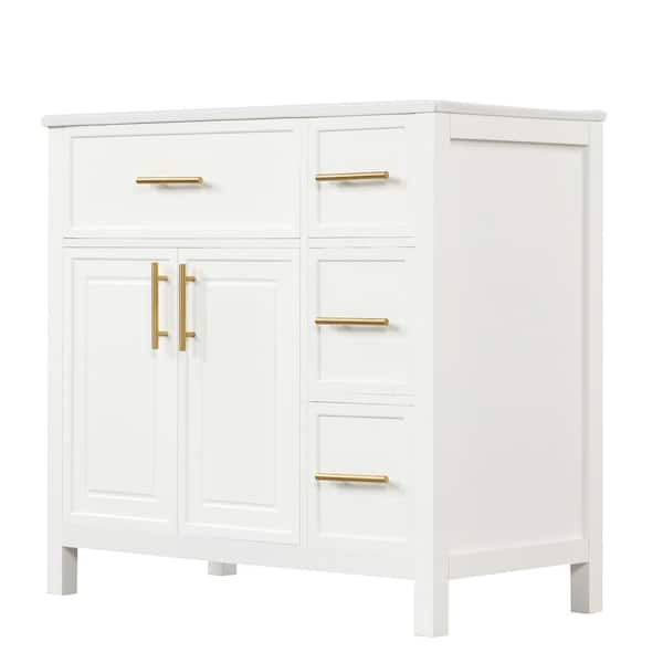 Unbranded 36 in. W x 18.3 in. D x 33.9 in. H Freestanding Bath Vanity in White with White Ceramic Sink Top, 2-Doors and 3-Drawers