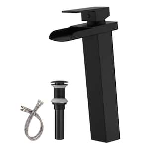 Single Handle Waterfall Bathroom Vessel Sink Faucet with Pop-Up Drain 1-Hole High Tall Bathroom Faucets in Matte Black
