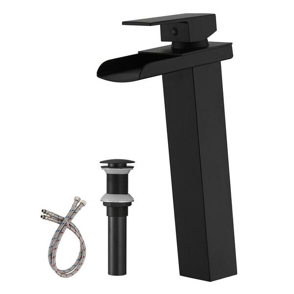 WANMAI Single Handle Waterfall Bathroom Vessel Sink Faucet with Pop-Up Drain 1-Hole High Tall Bathroom Faucets in Matte Black